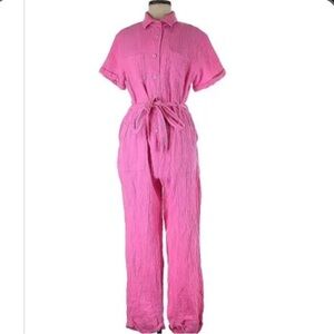 Skies Are Blue Pink Full-Length Jumpsuit with Short Sleeves and Tie Waist
